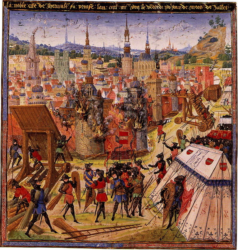 Capture of Jerusalem in the First Crusade in 1099, late medieval book illumination