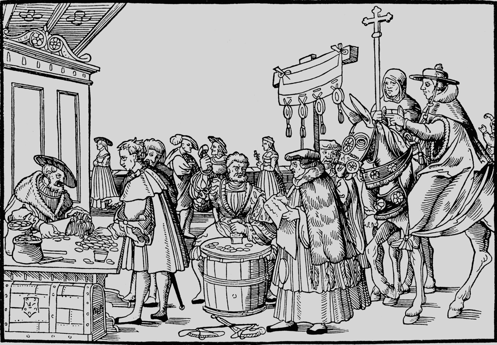 Sale of indulgences, woodcut around 1510