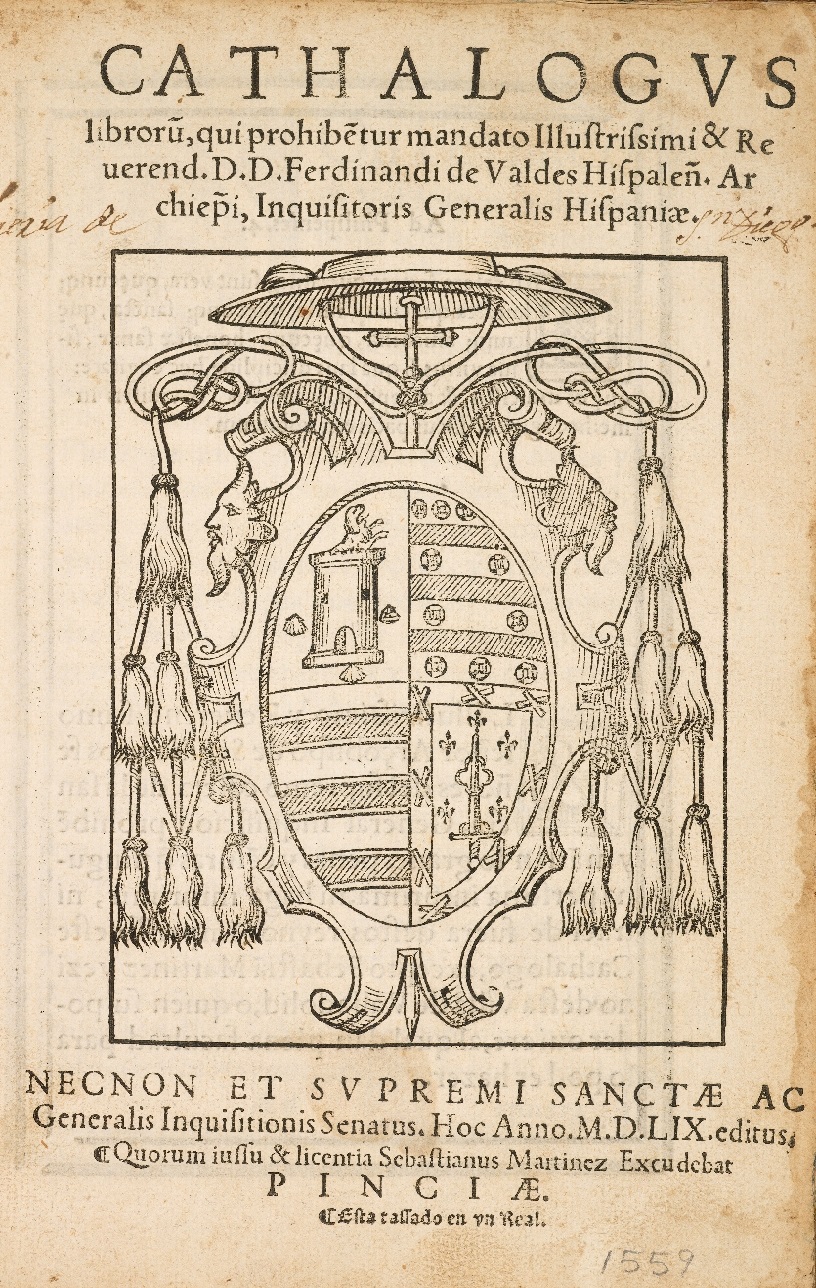 Title page of the list of forbidden books of the Spanish Inquisition under Inquisitor General Fernando de Valdés, 1559