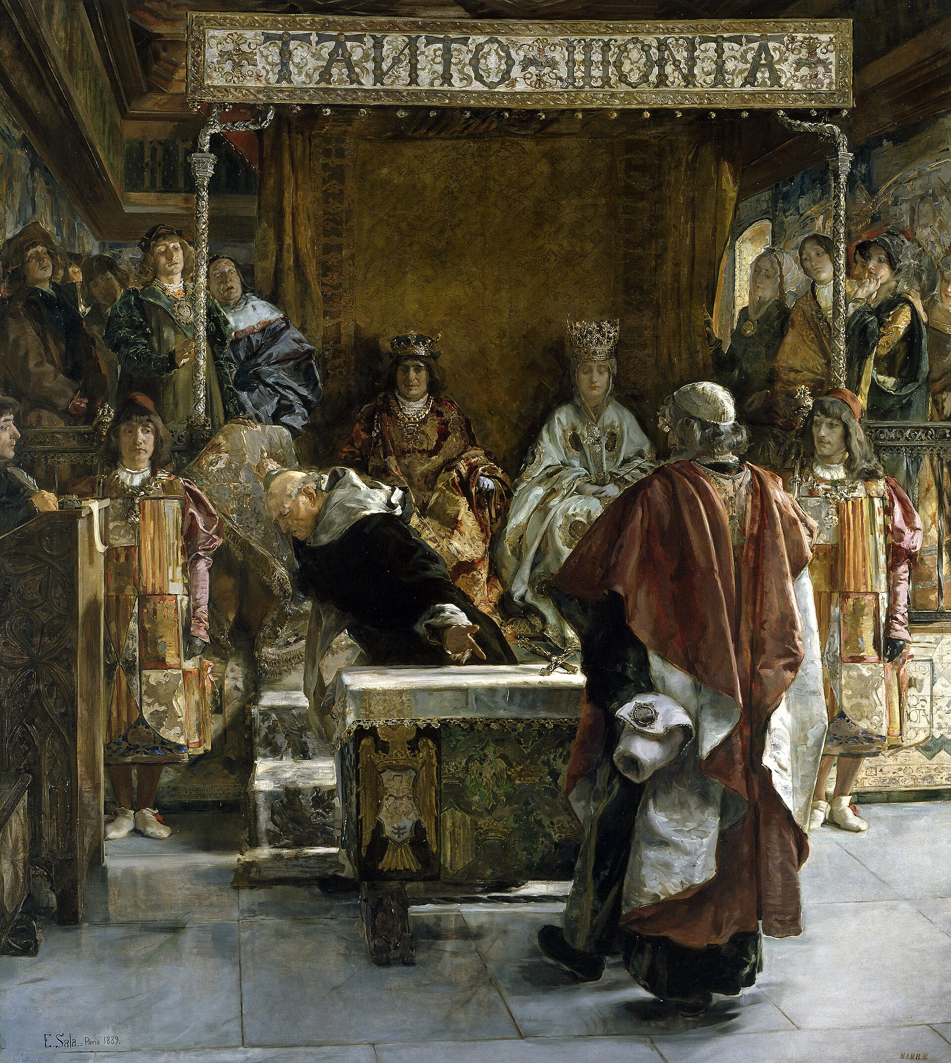 Emilio Sala, The Expulsion of the Jews: Torquemada presents the edict to the royal couple in 1492, painting from 1889