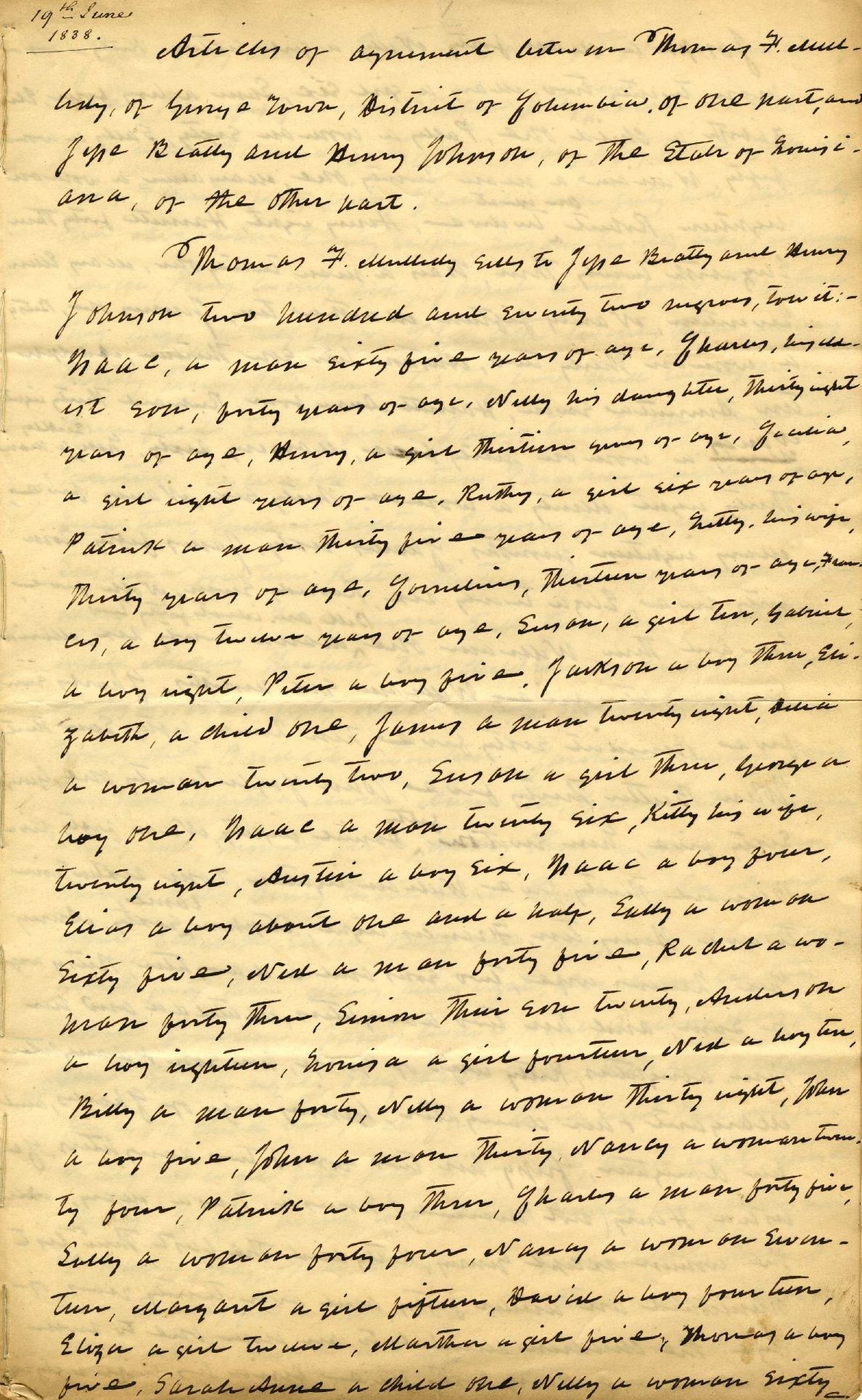 Contract of sale of 19 June 1838 between the Jesuit Thomas F. Mulledy and Jesse Beatty and Henry Johnson of Louisiana, page 1