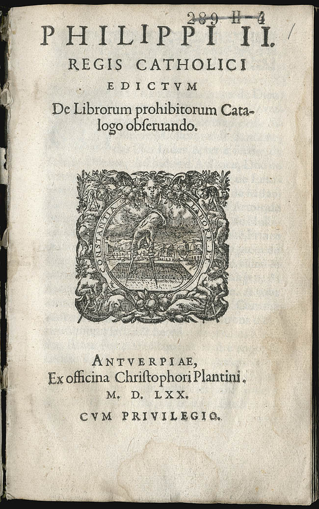 Title page of an edition of the Index of Forbidden Books, printed by Christoffel Plantijn, 1570
