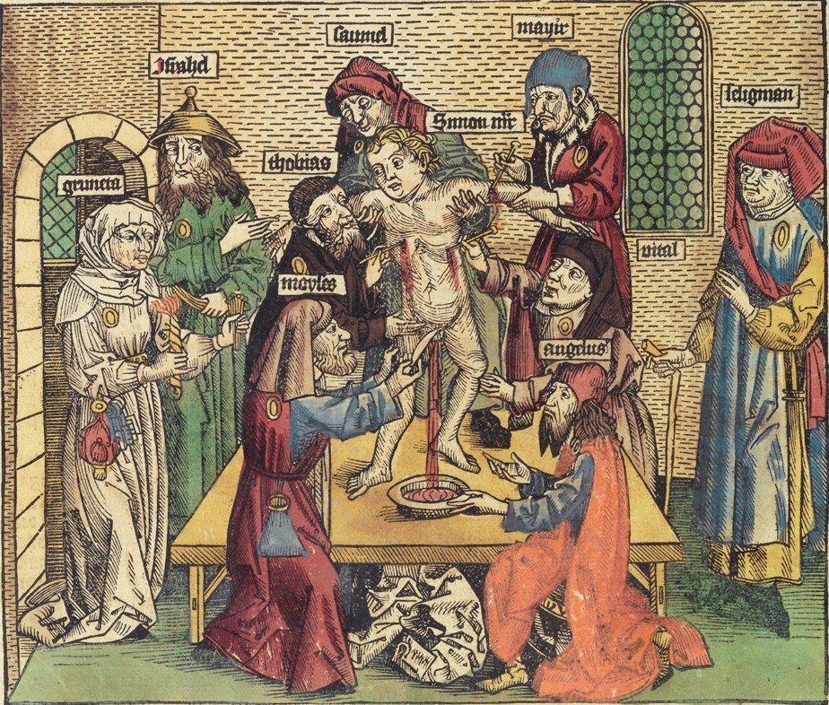 Anti-Jewish depiction of the alleged murder of Simon of Trent, woodcut from the Nuremberg Chronicle of 1493