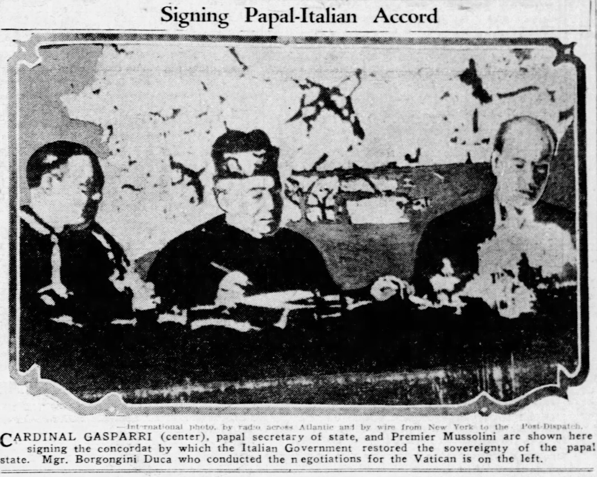 Cardinal Secretary of State Gasparri and Mussolini at the signing of the Lateran Treaties, 11 February 1929