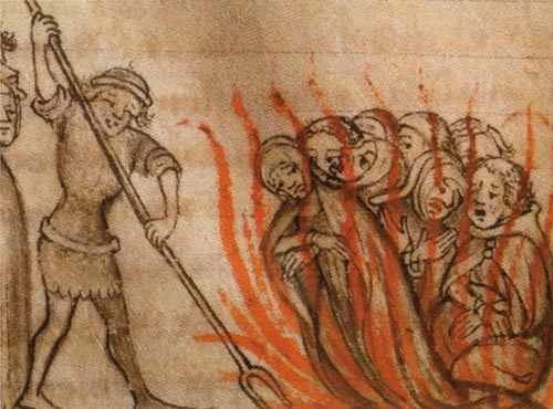 Burning of Templars, illustration from an anonymous world chronicle, 14th century