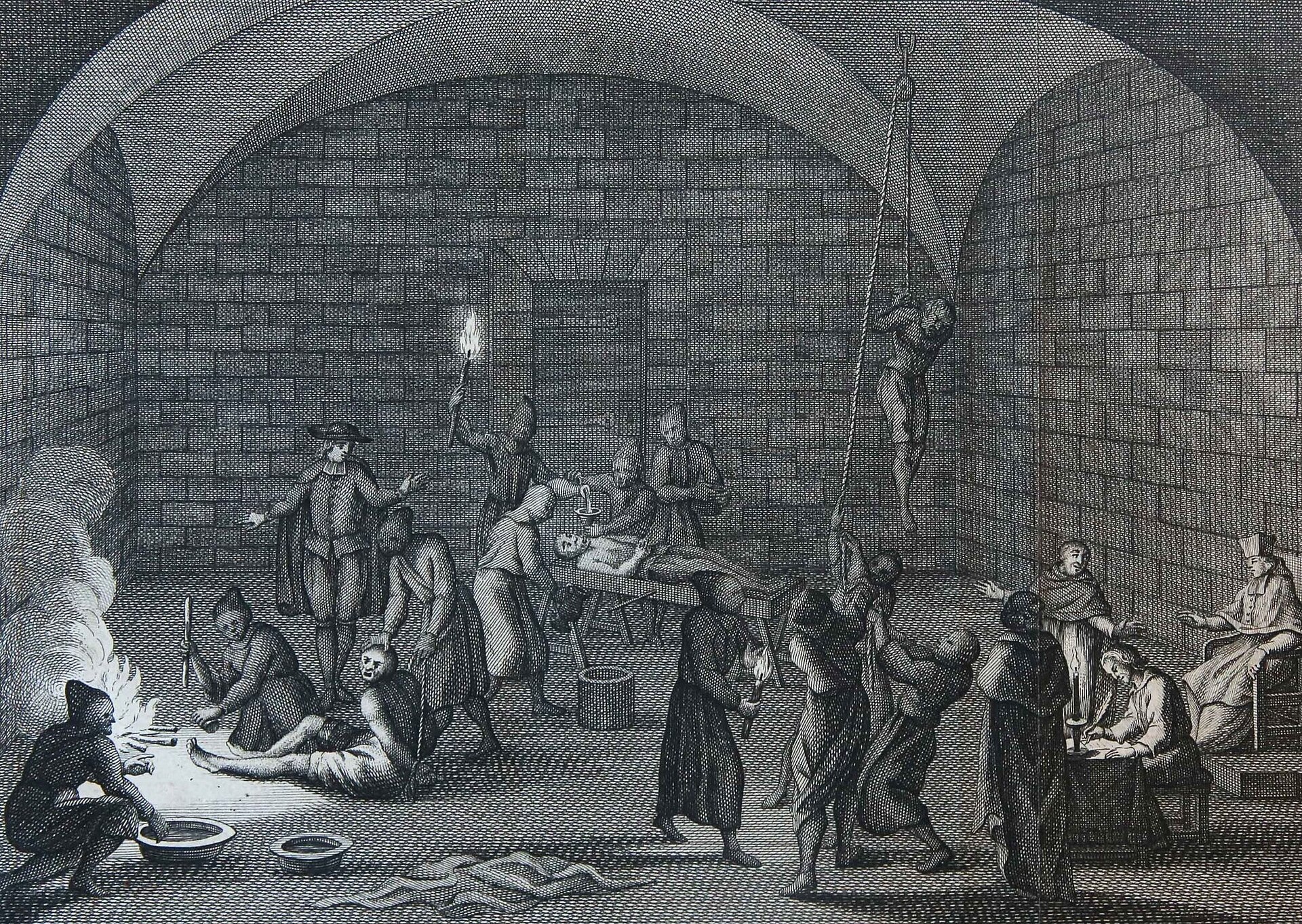 Torture methods of the Inquisition, copper engraving by Caspar Jacobsz. Philips after Bernard Picart, 18th century